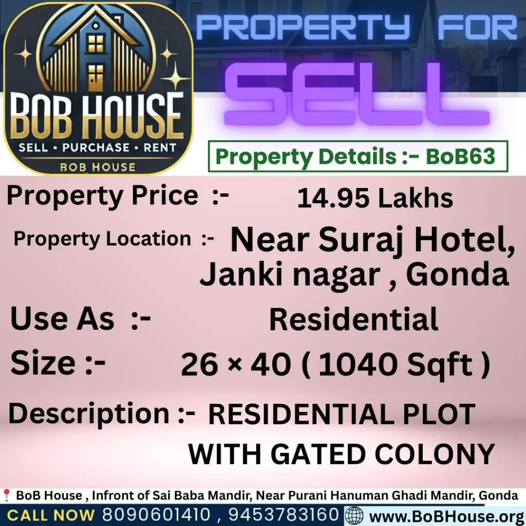 BoB63 , 1040 SQFT PLOT FOR SELL , NEAR SURAJ HOTEL , JANKI NAGAR , GONDA
