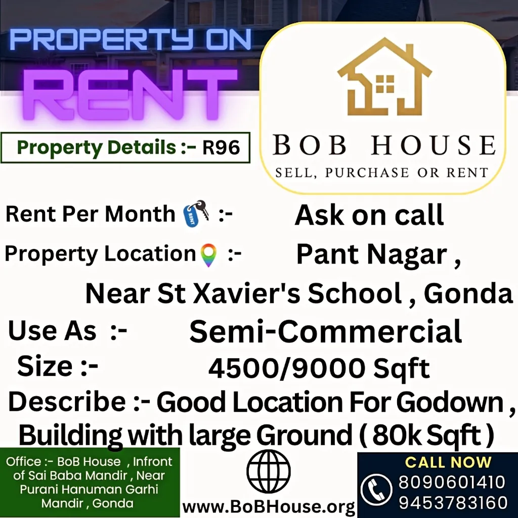 R96 , 4500/9000 Sqft Semi - Commercial Area on Rent , Near St Xavier's School , Pant Nagar , Gonda