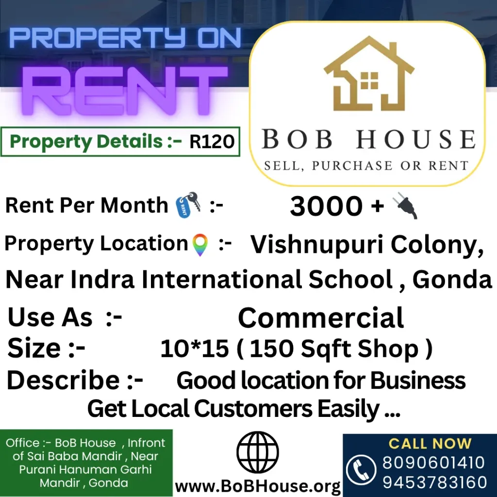 R120 , 150 Sqft Shop On Rent , Vishnu puri colony , Near Indra international School, Gonda
