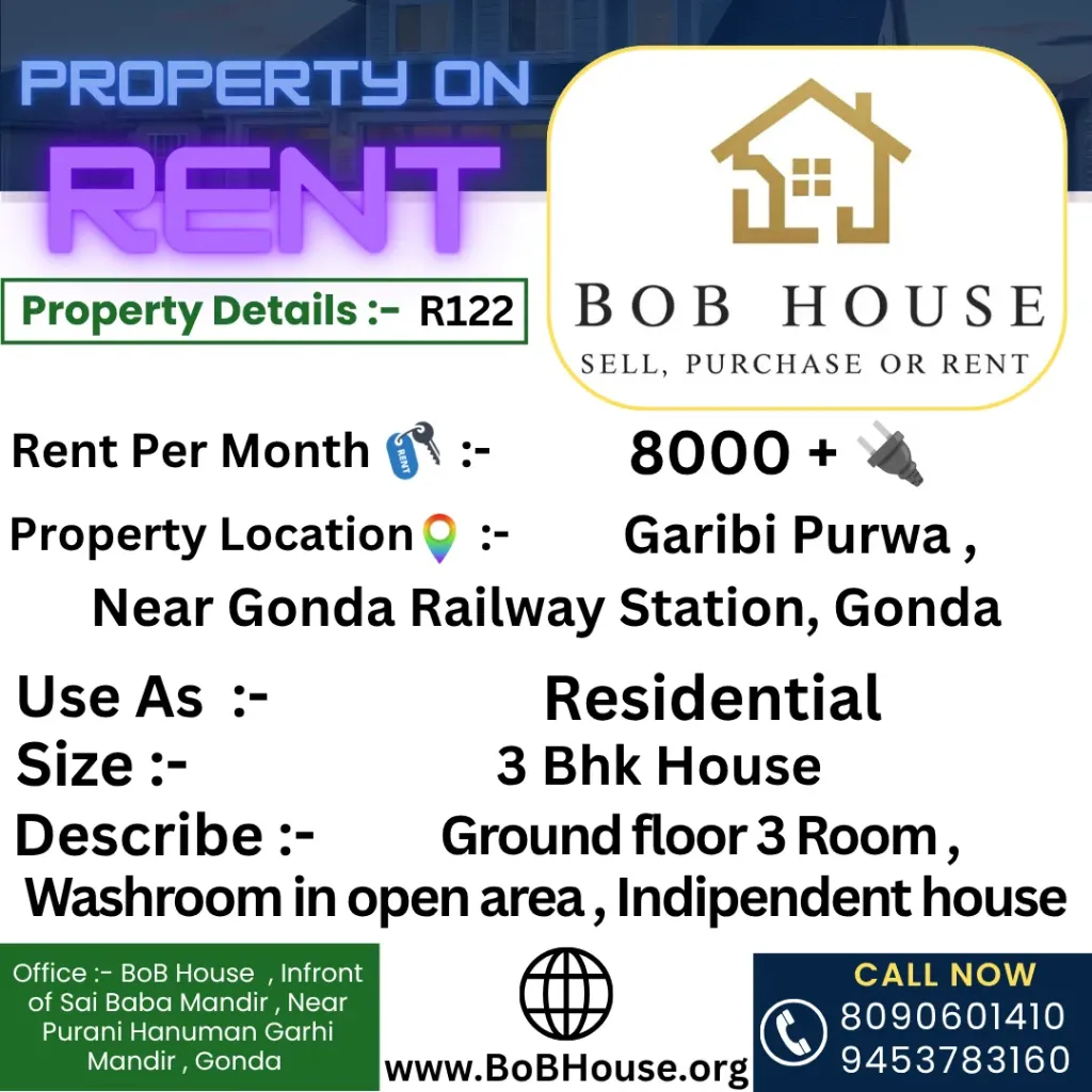 R122 , 3Rk Indipendent House On Rent , Near Gonda Railway Station , Garibi Purwa , Gonda