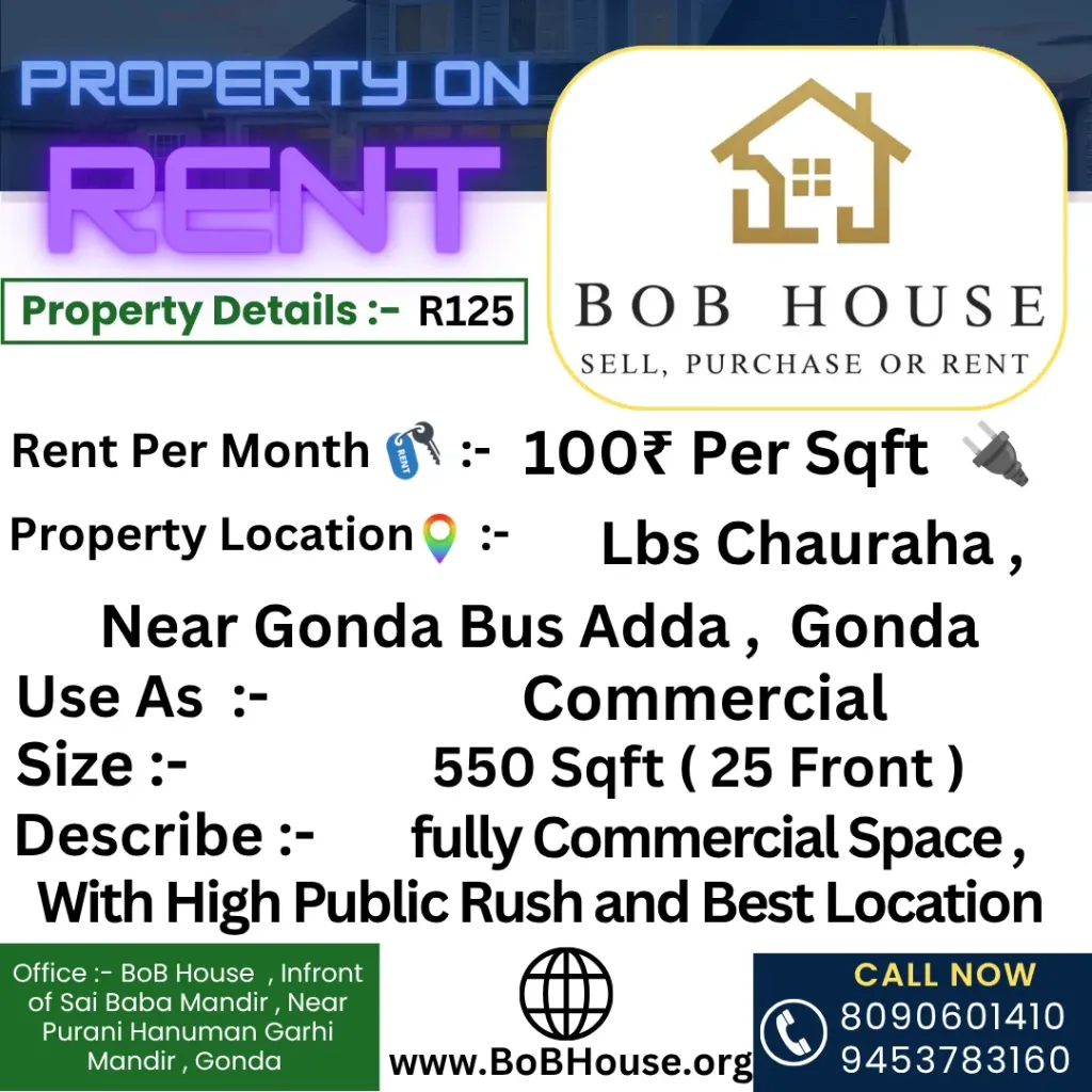 R125 , 550 Sqft Commercial Shop on Rent ,  Lbs Chauraha , Near Gonda Bus Adda , Gonda