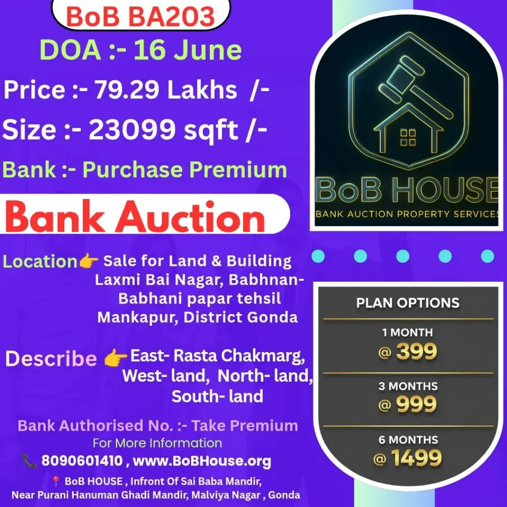 BoB BA203 , 23099 SQFT , LAXMI BAI NAGAR , MANKAPUR , GONDA