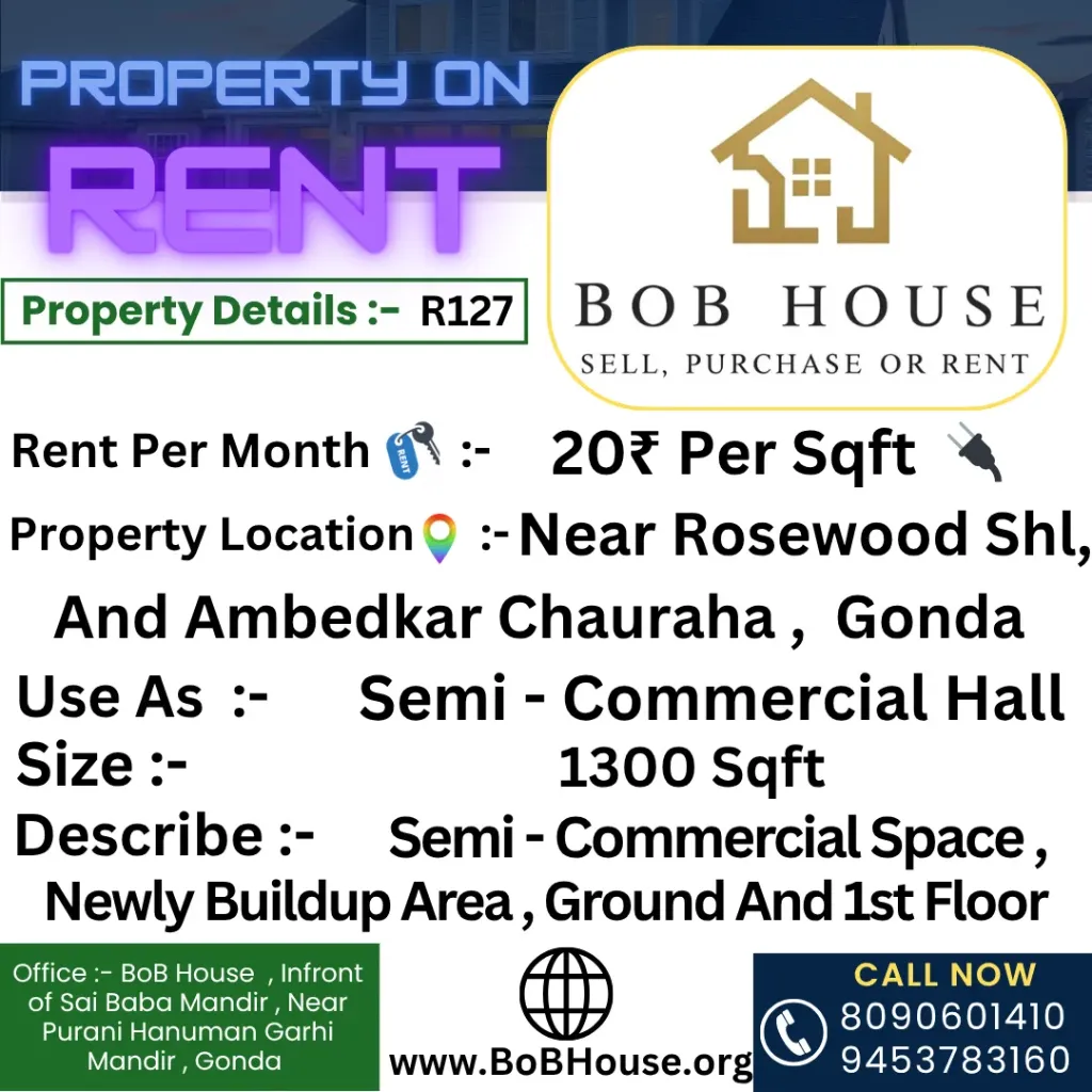 R127 , 1300 Semi Commercial Hall On Rent , Near Rosewood Inter College, Gonda