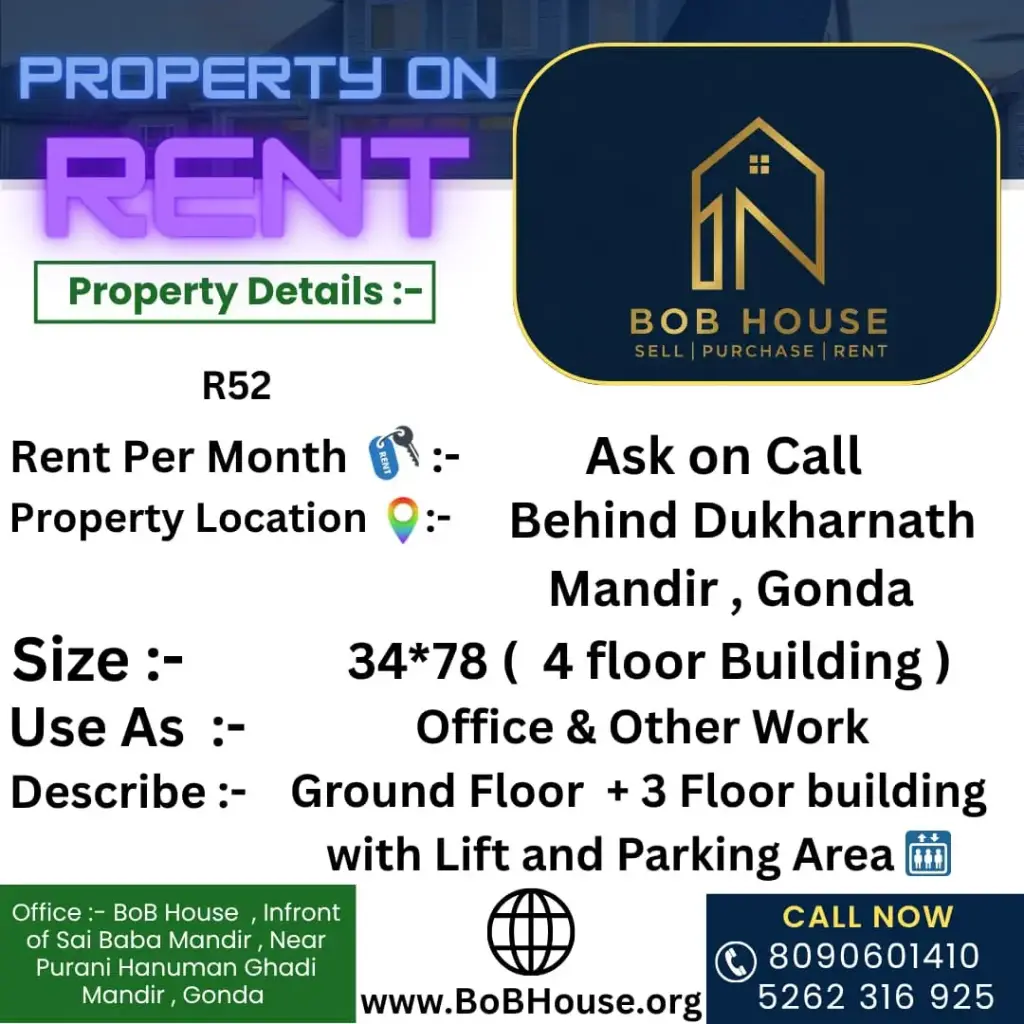 11000 SQFT ( 4 FLOOR BUILDING ) ON RENT , BEHIND DHUKHARANATH MANDIR , GONDA